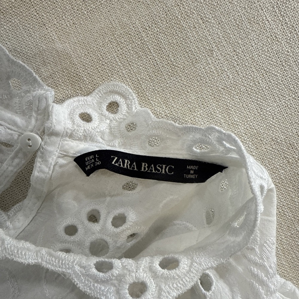 Zara Basic Eyelet Lace Blouse Womens L White Victorian Ruffle Boho Cottagecore - Picture 10 of 11